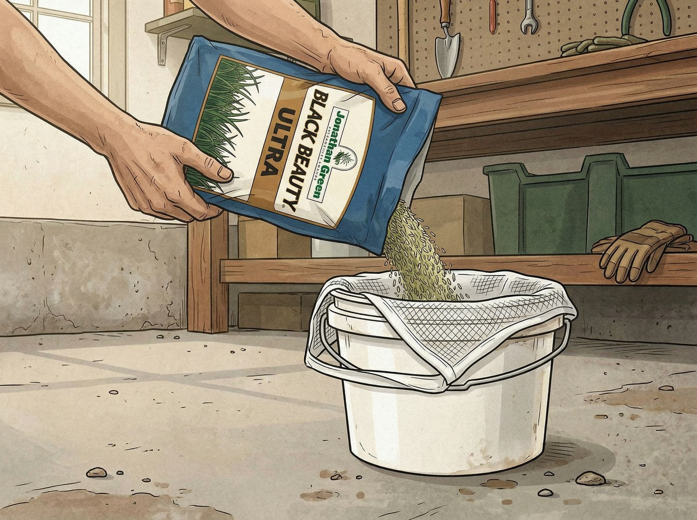 Grass seed being submerged in a bucket of water inside a paint strainer bag