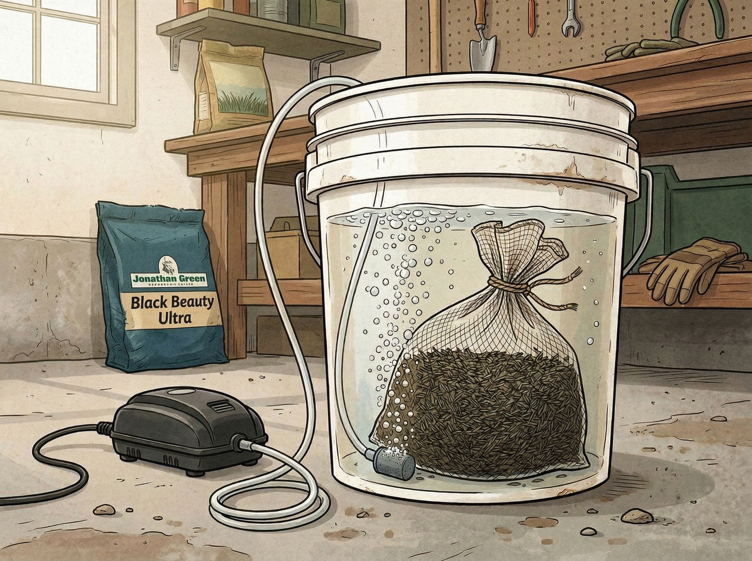 Aquarium air pump bubbling water in a 5-gallon bucket with grass seed