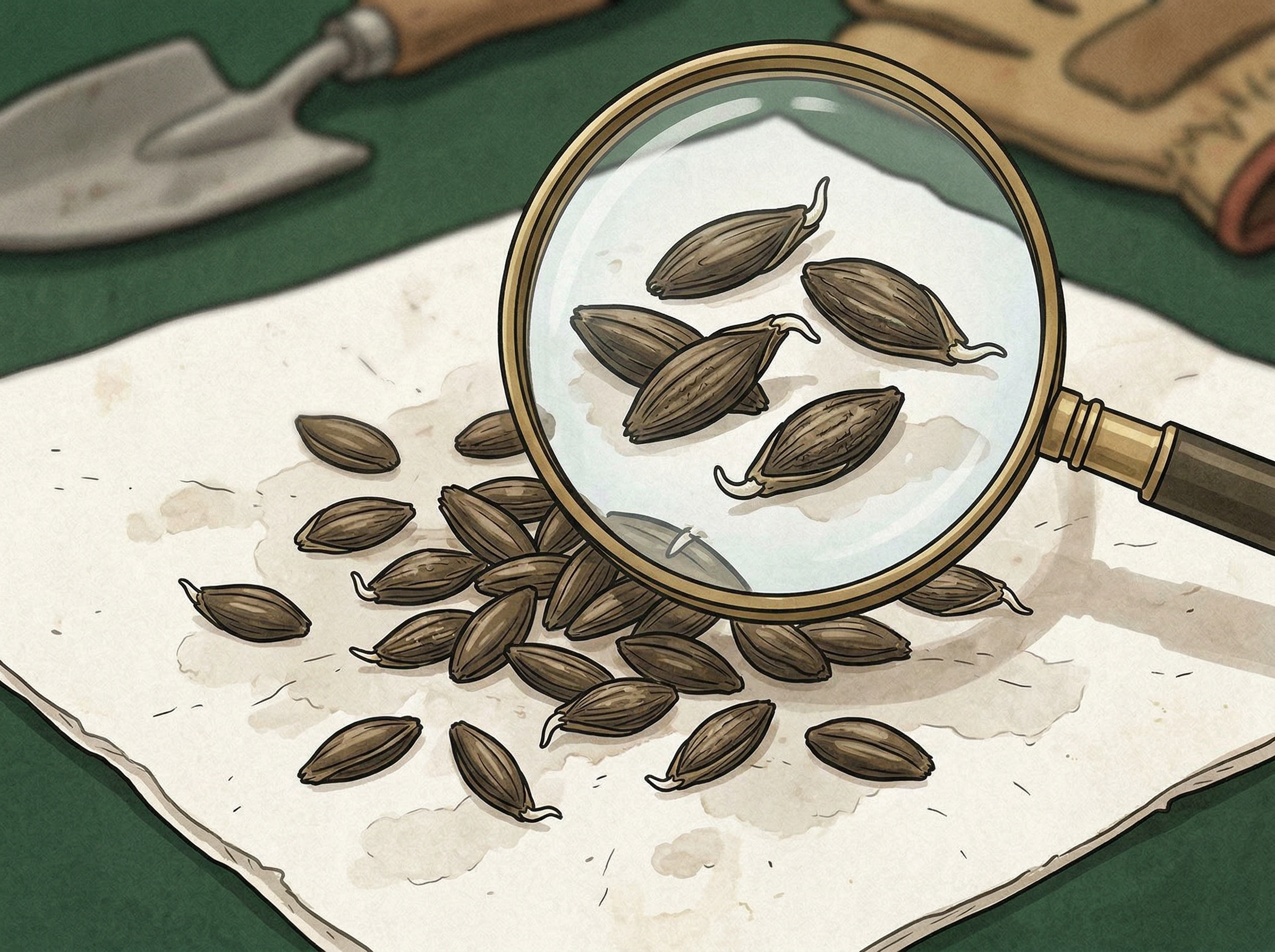 Close-up of grass seeds showing tiny white radicle root tips emerging