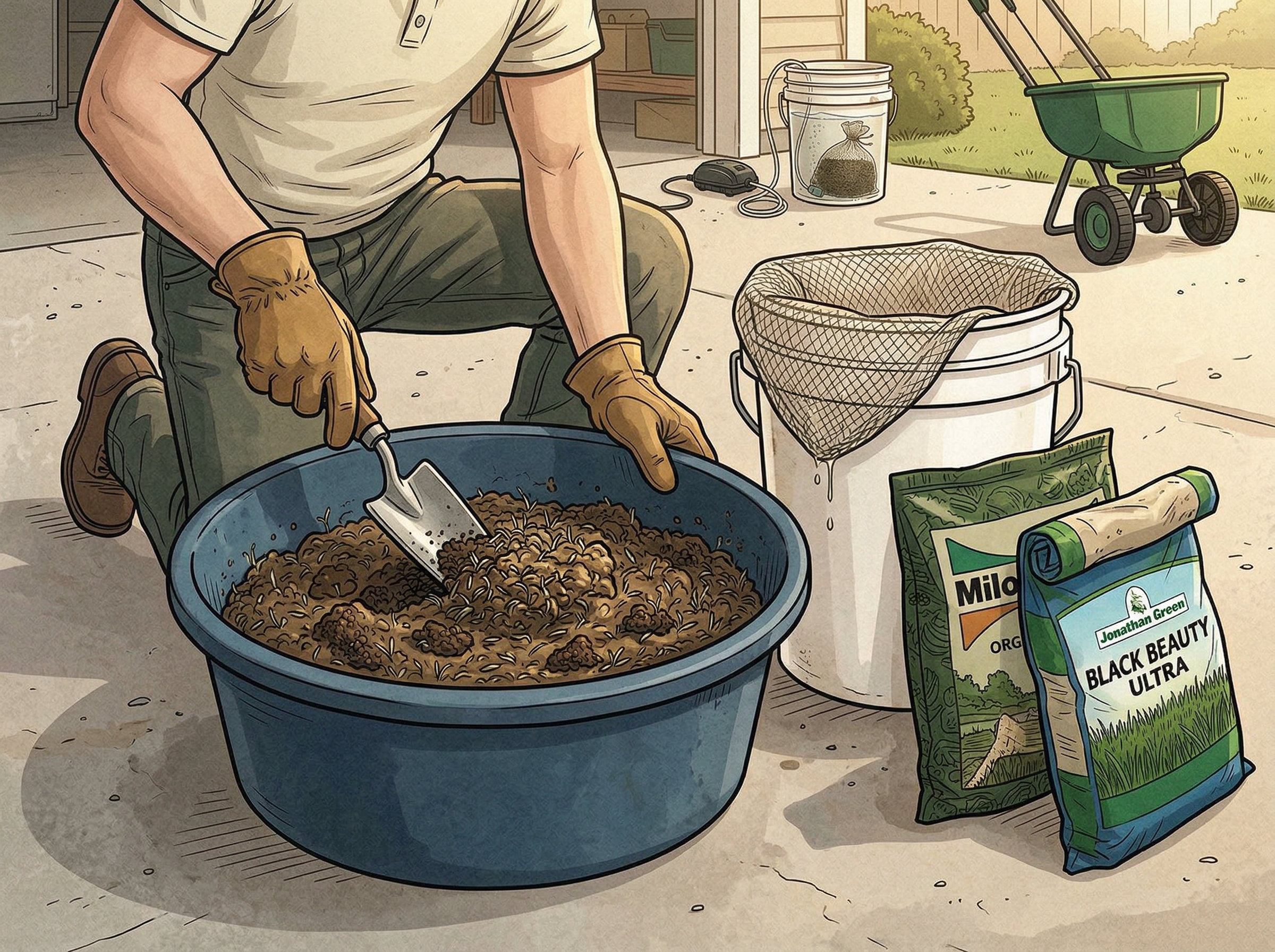 Pre-germinated grass seed being mixed with Milorganite carrier in a bucket